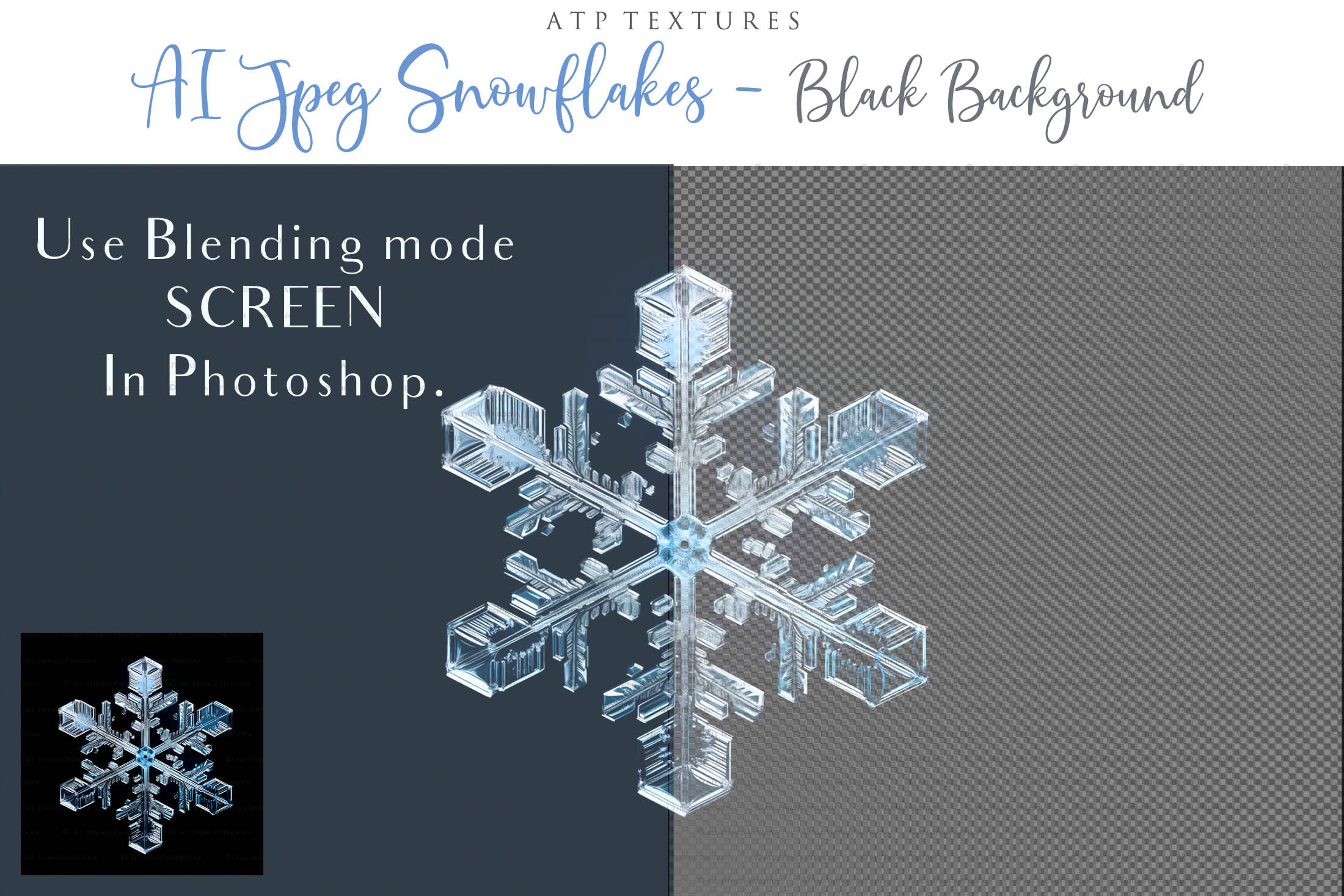 Real Snowflake Overlays & Brushes! A gorgeous addition to your beautiful photography, scrapbooking or digital art work! This set includes 60 Png Overlays 60 Jpeg Overlays 80 Photoshop brushes Instructions are included. All PNG overlays are 300dpi in high resolution.